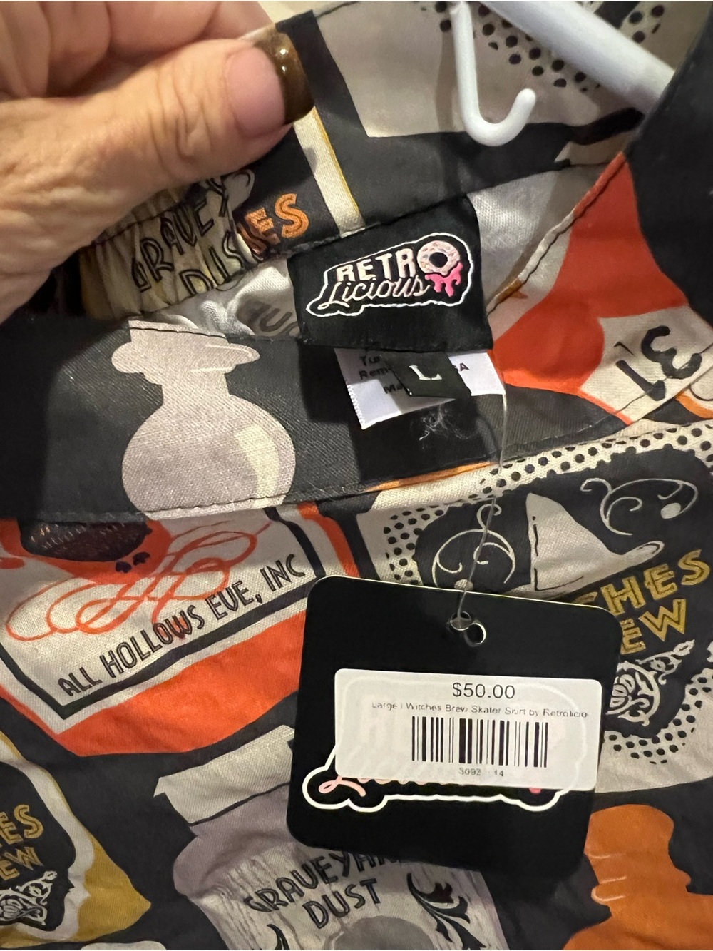 Retrolicious Orange, Black and White Skirt with Halloween Print